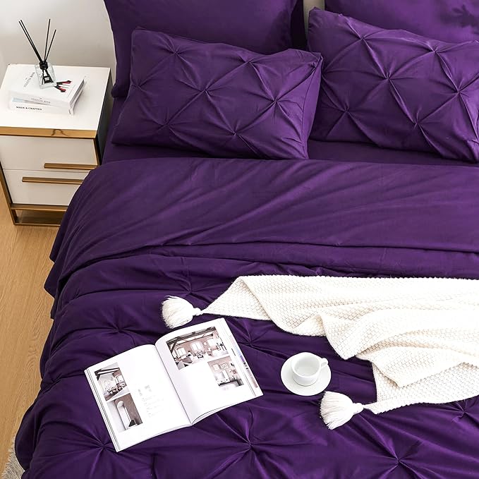 Ubauba 5pc Twin Size Comforter Set with Sheets, Purple Pintuck 5 Piece Bed in a Bag with Comforter, All Season Pinched Bedding Comforters & Sets (Purple,Twin) - LeafyLoom