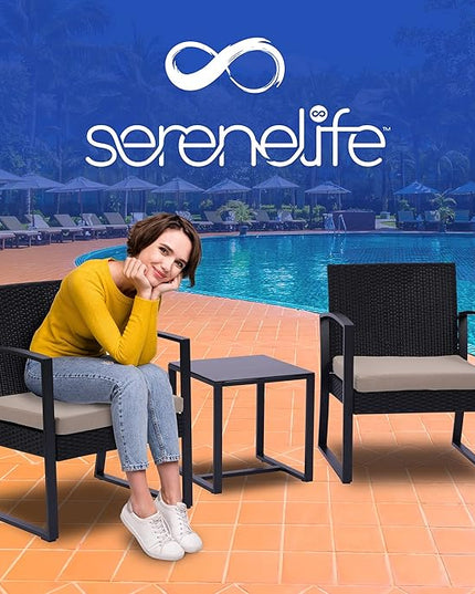 SereneLife Patio Outdoor Furniture, 3 Pcs. Per Set-includes 2 Single Chairs with Soft Cushion and 1 Glass-top Coffee Table, Black Weather-Resistant Resin Wicker Rattan, Brown - LeafyLoom