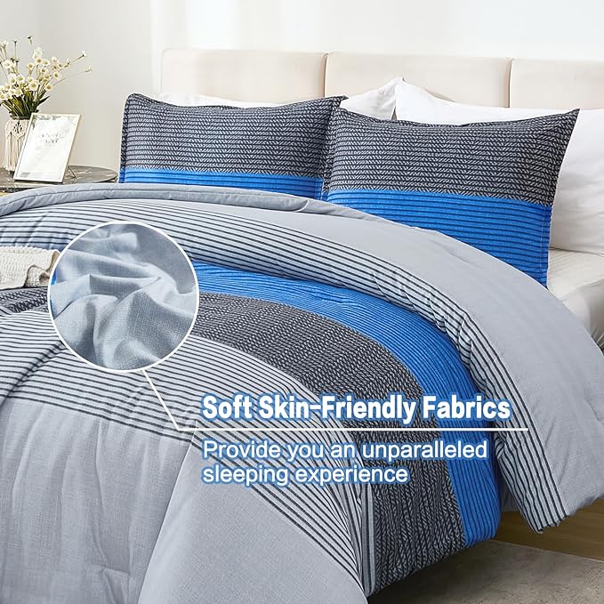 Litanika Blue Grey Bed Comforter Twin Set, XL Twin Comforter Boys Men Striped Bedding Comforter Set, 2 Pieces Lightweight Soft All Season Down Alternative Comforter - LeafyLoom