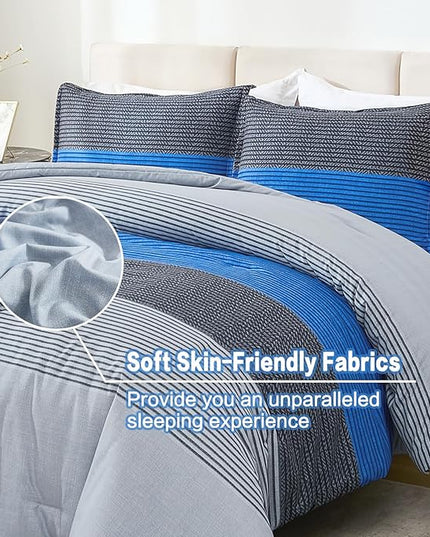 Litanika Bed Comforter Queen Set Grey Blue, Striped Bedding Comforter Set, 3 Pieces Lightweight Soft All Season Down Alternative Comforter (1 Comforter, 2 Pillowcases) - LeafyLoom