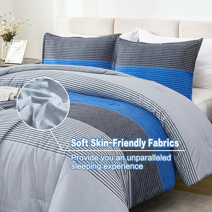 Litanika Bed Comforter Queen Set Grey Blue, Striped Bedding Comforter Set, 3 Pieces Lightweight Soft All Season Down Alternative Comforter (1 Comforter, 2 Pillowcases) - LeafyLoom