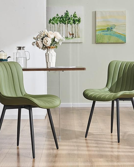 YOUNUOKE Olive Green Dining Chairs Set of 2 Upholstered Mid Century Modern Kitchen Chair Armless Faux Leather Side Chairs with Padded Back Metal Legs for Living Room Bedrooms - LeafyLoom