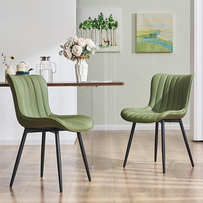 YOUNUOKE Olive Green Dining Chairs Set of 2 Upholstered Mid Century Modern Kitchen Chair Armless Faux Leather Side Chairs with Padded Back Metal Legs for Living Room Bedrooms - LeafyLoom