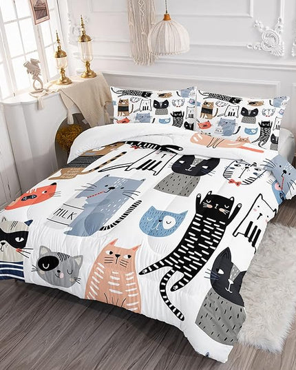 CVHOUSE Cat Bedding,Cartoon Cat Comforter Queen,Animals Print Comforter Set for Kids,Kawaii Quilt Set with 1 Comforter and 2 Pillow Cases - LeafyLoom