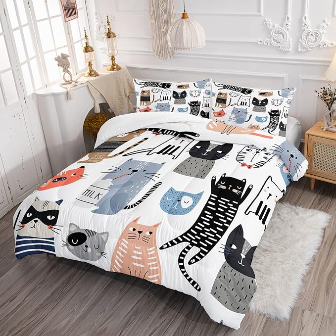 CVHOUSE Cat Bedding,Cartoon Cat Comforter Queen,Animals Print Comforter Set for Kids,Kawaii Quilt Set with 1 Comforter and 2 Pillow Cases - LeafyLoom