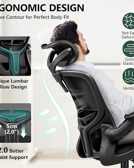 FelixKing Office Chair Ergonomic Desk Chair with Headrest, High Back Computer Chair with Adjustable Lumbar Support and Wheels,Executive Swivel Comfy Chair with flip-up Armrests for Home Office - LeafyLoom