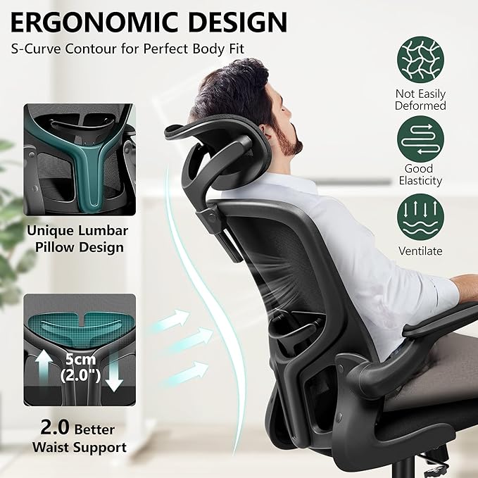 FelixKing Office Chair Ergonomic Desk Chair with Headrest, High Back Computer Chair with Adjustable Lumbar Support and Wheels,Executive Swivel Comfy Chair with flip-up Armrests for Home Office - LeafyLoom