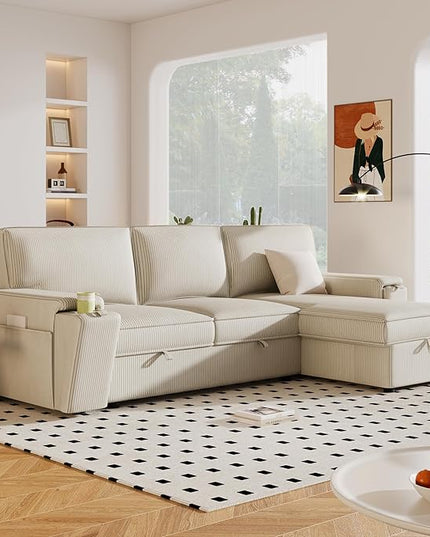 Corduroy Upholstered Convertible Sleeper Sectional Couch Pull Out Sofa Bed ,4 Seater L Shaped Corner Sofa&Couch Sofabed with Reversible Storage Chaise Lounge and Cupholders for Living Room Office - LeafyLoom