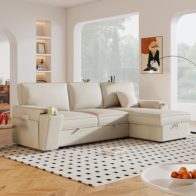 Corduroy Upholstered Convertible Sleeper Sectional Couch Pull Out Sofa Bed ,4 Seater L Shaped Corner Sofa&Couch Sofabed with Reversible Storage Chaise Lounge and Cupholders for Living Room Office - LeafyLoom