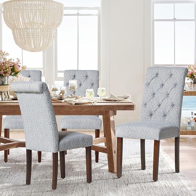 COLAMY Button Tufted Dining Chairs Set of 6, Parsons Upholstered Fabric Dining Room Chairs Kitchen Chairs with Wood Legs and Padded Seat, Blue Bubble - LeafyLoom