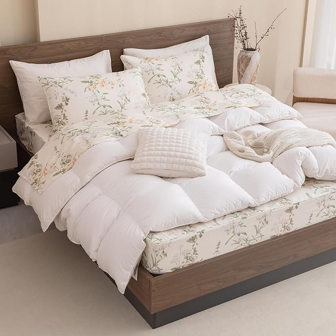 QSH Floral King Size Sheet Sets - 100% Egyptian Cotton Floral Bedding Sheets Yellow Green Leaves Flower Pattern Printed Bedding King Size Bed Sheets 17.5" Extra Deep Pocket 4pcs - LeafyLoom