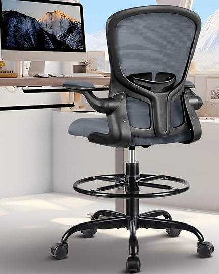FelixKing Drafting Chair, Tall Office Chairs with Footrest Ring, Home Standing Desk High Chair with Lumbar Support Adjustable Counter Height Ergonomic Swviel Rolling Chairs for Working (Dark Gray) - LeafyLoom