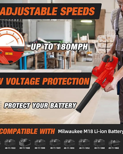 Cordless Leaf Blower for Milwaukee M18 Battery,Electric Jobsite Air Blower with Brushless Motor,6 Variable Speed Up to 180MPH,2-in-1 Handle Electric Blower and Vacuum Cleaner(Battery Not Included) - LeafyLoom