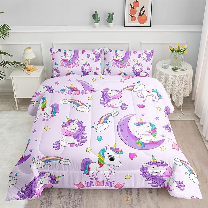 Axolotl Purple Unicorn Comforter Set Queen Size,Girls Bedding Set,Cute Unicorn Rainbow Bedding Set with Stars for Kids Girls Teens Adults Women,1 Comforter with 2 Pillowcase Unicorn Gifts for Girls - LeafyLoom