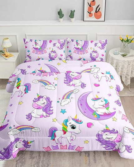Axolotl Purple Unicorn Comforter Set Full Size,Girls Bedding Set,Cute Unicorn Rainbow Bedding Set with Stars for Kids Girls Teens Adults Women,1 Comforter with 2 Pillowcase Unicorn Gifts for Girls - LeafyLoom