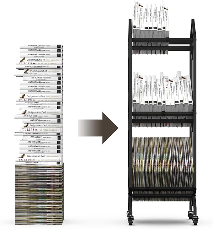 Bookshelf Book Cart Rack Industrial Metal Bookcase 3 Tier Holder with Wheels Modern Stylish Design Magazines Files Album Recipe Book Storage Organizer for Sofa End Bed Beside (3 Tier) - LeafyLoom