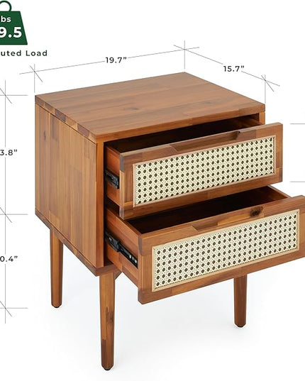 Bme Nightstand Oliver Solid Wood Rattan Side End Table, Fully Assembled, for Bohemian & Mid Century Style Bedroom and Living Room, Caramel - LeafyLoom