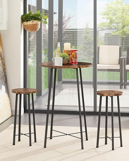 VECELO Small Bar Table and Chairs, Round Bistro Sets with 2 barstools, 3-Piece Pub Dining Furniture, Counter Height Wood Top for Breakfast Dinner Coffee Nap Conference, Easy Assembly, Brown - LeafyLoom