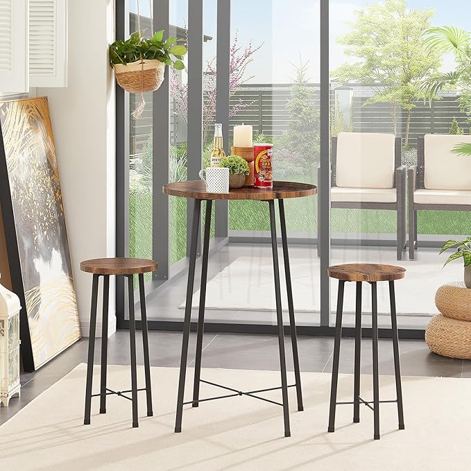 VECELO Small Bar Table and Chairs, Round Bistro Sets with 2 barstools, 3-Piece Pub Dining Furniture, Counter Height Wood Top for Breakfast Dinner Coffee Nap Conference, Easy Assembly, Brown - LeafyLoom