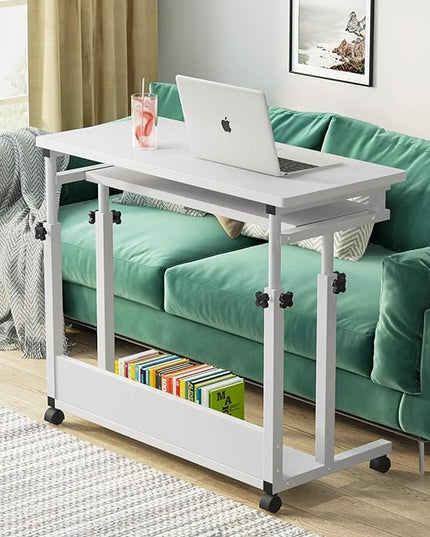 Tribesigns Portable Desk for Sofa and Bed, Height Adjustable Mobile Laptop Table Small Standing Desk Rolling Computer Cart with Keyboard Tray on Wheels for Home Office (White) - LeafyLoom