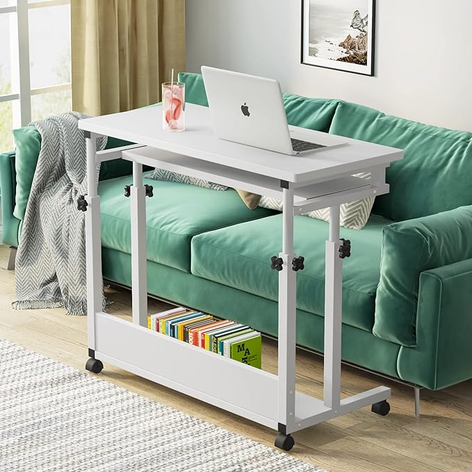 Tribesigns Portable Desk for Sofa and Bed, Height Adjustable Mobile Laptop Table Small Standing Desk Rolling Computer Cart with Keyboard Tray on Wheels for Home Office (White) - LeafyLoom