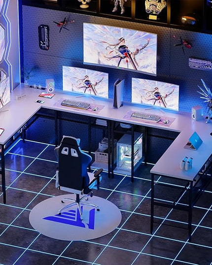 Reversible L Shaped Computer Desk Power Outlets and USB Ports, Large Corner Desk, Sturdy Home Office Gaming Table with Storage Shelf, Unique Grid Design Writing Desk, Easy to Assemble, White - LeafyLoom