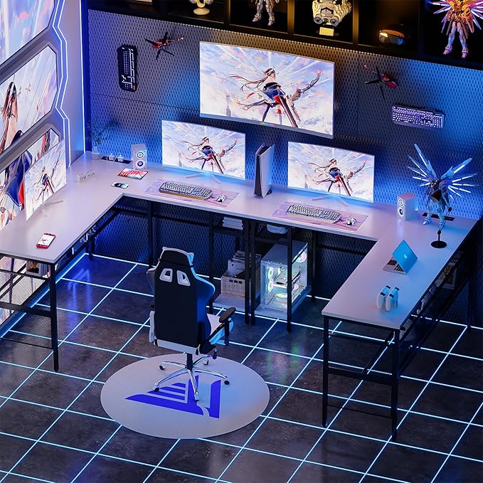 Reversible L Shaped Computer Desk Power Outlets and USB Ports, Large Corner Desk, Sturdy Home Office Gaming Table with Storage Shelf, Unique Grid Design Writing Desk, Easy to Assemble, White - LeafyLoom