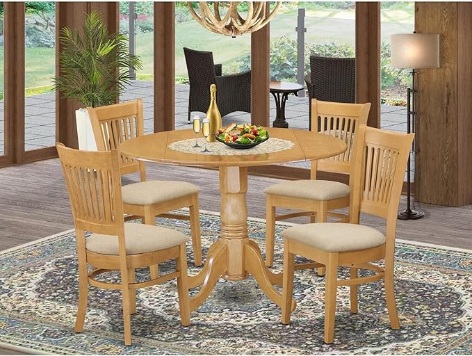 East West Furniture Dublin 5 Piece Kitchen Set includes a Round Dining Room Table with Dropleaf and 4 Linen Fabric Upholstered Chairs, 42x42 Inch, DLVA5-OAK-C - LeafyLoom