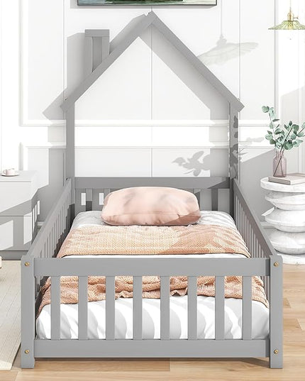 Twin Size Kids Montessori Floor Bed,House-Shaped Headboard Floor Bed for Kids,Floor Bed with Fence and Door,House Bed Twin Frame for Girls,Boys(Twin,Grey) - LeafyLoom