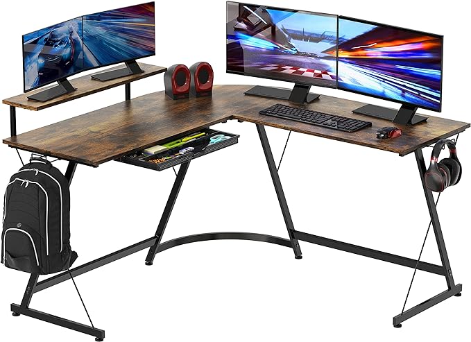 SHW Vista L-Shape Desk with Monitor Stand, Rustic Brown - LeafyLoom