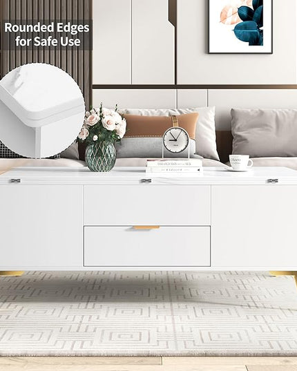 47 Inch Lift Top Coffee Table with 4 Drawers, Modern Center Table with Extendable Tabletop and Open Shelf, Multi Functional Coffee Table for Living Room, White - LeafyLoom