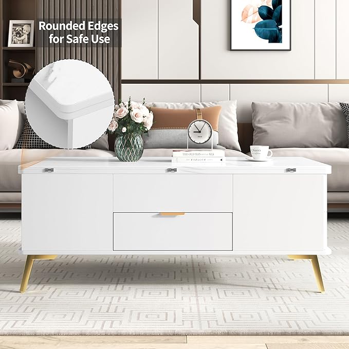 47 Inch Lift Top Coffee Table with 4 Drawers, Modern Center Table with Extendable Tabletop and Open Shelf, Multi Functional Coffee Table for Living Room, White - LeafyLoom