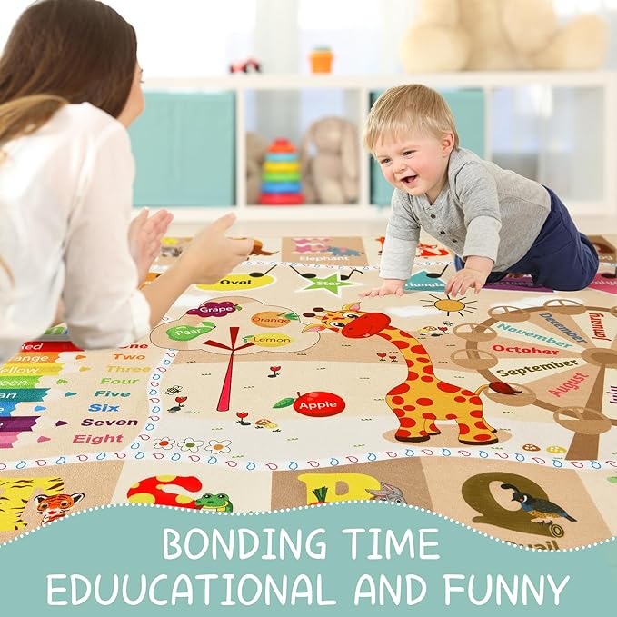 Kids Playroom Rug 4x6 Beige Rugs for Girls Bedroom Child Play Mat Educational and Fun Baby Care Rugs,Learning Rug with ABC Alphabets Animals Shapes No-Slip Carpets for Children Toddler Washable - LeafyLoom