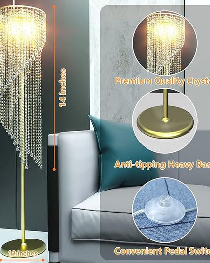 QiMH Crystal Floor Lamp for Living Room/ Bedroom Decor, Bling Elegant Rain Lamp, Gold Standing Indoor Tall Pole Light Simple Floor Lamp with Foot Switch - LeafyLoom