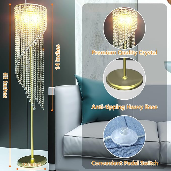 QiMH Crystal Floor Lamp for Living Room/ Bedroom Decor, Bling Elegant Rain Lamp, Gold Standing Indoor Tall Pole Light Simple Floor Lamp with Foot Switch - LeafyLoom