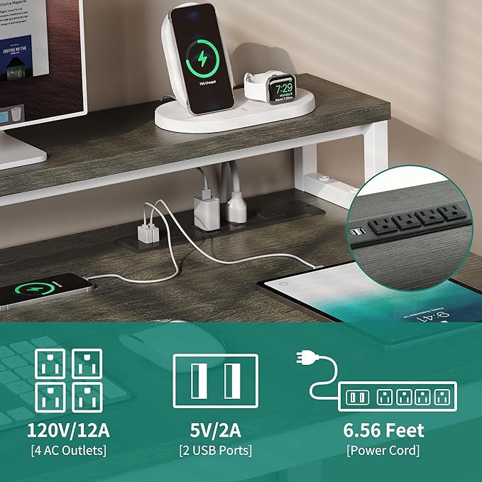 YITAHOME L Shaped Desk with 3 Drawers, 55" Corner Computer Desk with Power Outlets & LED Lights, L-Shaped Desk with File Cabinet for Home Office, White & Grey - LeafyLoom