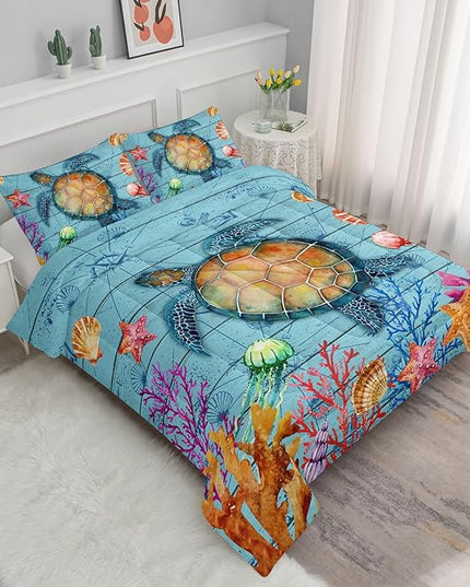 Datura home Sea Turtle Bedding Comforter Set Sea Turtle Ocean Beach Printed Pattern Bedding Set with 1 Comforter and 2 Pillowcases for Boys Bedroom All Season(Sea Turtle Queen), Queen 90x90inches - LeafyLoom