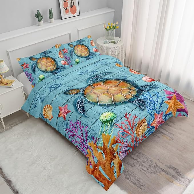 Datura home Sea Turtle Bedding Comforter Set Sea Turtle Ocean Beach Printed Pattern Bedding Set with 1 Comforter and 2 Pillowcases for Boys Bedroom All Season(Sea Turtle Full), Full 80x90inches - LeafyLoom