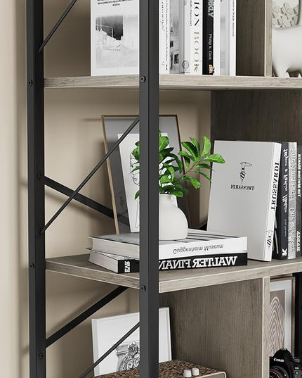 5 Tier Bookshelf with Storage, 61 Inch Tall Industrial Book Shelf with Open Display Bookshelves, 5 Shelf Bookcase with Metal Frame for Living Room, Bedroom and Home Office-Grey - LeafyLoom