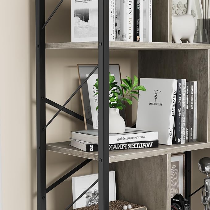 5 Tier Bookshelf with Storage, 61 Inch Tall Industrial Book Shelf with Open Display Bookshelves, 5 Shelf Bookcase with Metal Frame for Living Room, Bedroom and Home Office-Grey - LeafyLoom