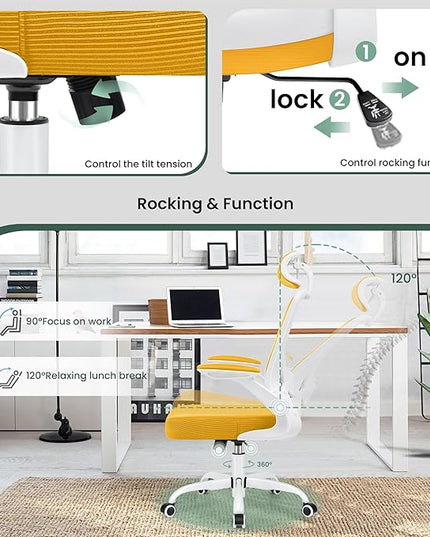 KERDOM Ergonomic Office Chair, Breathable Mesh Desk Chair, Lumbar Support Computer Chair with Headrest and Flip-up Arms, Swivel Task Chair, Adjustable Height Gaming Chair, Yellow - LeafyLoom