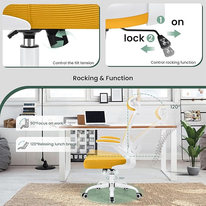 KERDOM Ergonomic Office Chair, Breathable Mesh Desk Chair, Lumbar Support Computer Chair with Headrest and Flip-up Arms, Swivel Task Chair, Adjustable Height Gaming Chair, Yellow - LeafyLoom