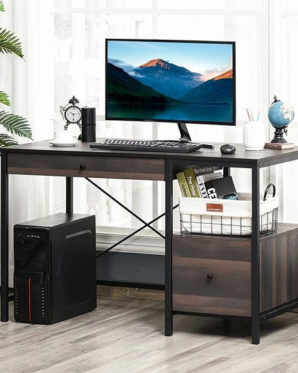 HOMCOM Industrial Style Home Office Desk with Filing Cabinet Storage Drawer for Letter Size Papers and Steel Frame, Black/Walnut - LeafyLoom