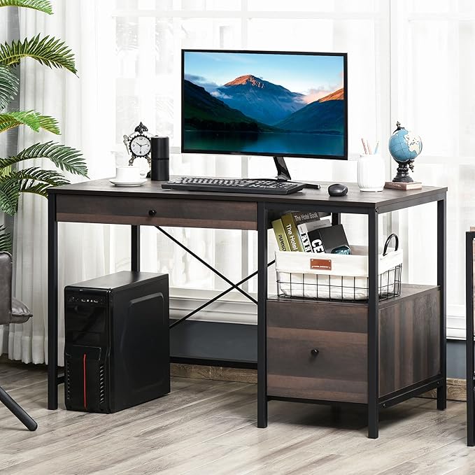 HOMCOM Industrial Style Home Office Desk with Filing Cabinet Storage Drawer for Letter Size Papers and Steel Frame, Black/Walnut - LeafyLoom