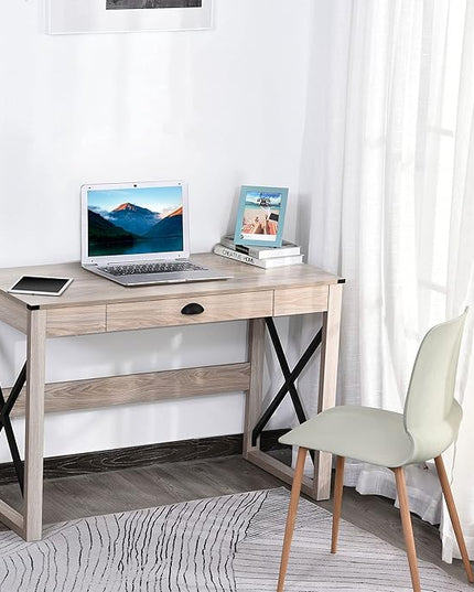 HOMCOM 44 inch Home Office Computer Desk, Rustic Writing Desk, Farmhouse Workstation with Storage Drawer, X-Frame - LeafyLoom
