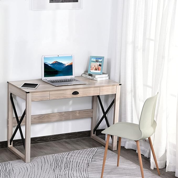 HOMCOM 44 inch Home Office Computer Desk, Rustic Writing Desk, Farmhouse Workstation with Storage Drawer, X-Frame - LeafyLoom