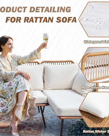 Greesum Outdoor Rope Woven Patio Furniture L-Shaped Conversation Sectional Sofa Set Detachable Lounger for Backyard Porch with Thick Cushions & Long Table, White - LeafyLoom