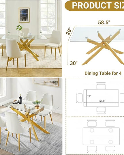 Edwin's Choice 58.5” Rectangle Glass Dining Table, Tempered Glass Table Top and Metal Tubular Legs, Modern Style Table for Home, Kitchen, Dining room 58.5”Lx29”Wx30”H, Gold (Table Only) - LeafyLoom