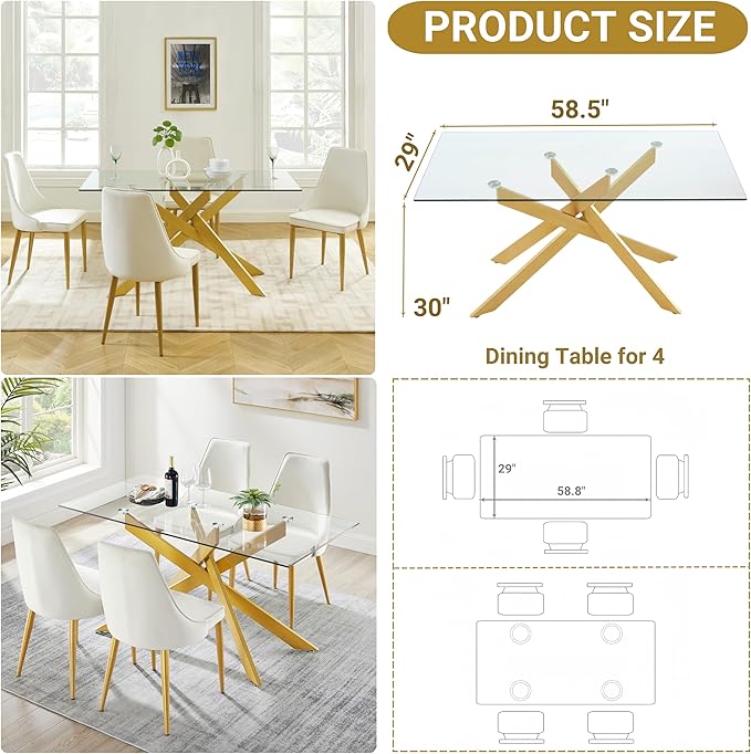 Edwin's Choice 58.5” Rectangle Glass Dining Table, Tempered Glass Table Top and Metal Tubular Legs, Modern Style Table for Home, Kitchen, Dining room 58.5”Lx29”Wx30”H, Gold (Table Only) - LeafyLoom