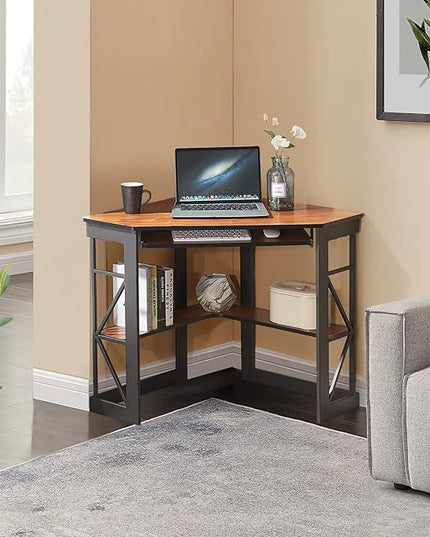 VECELO Corner Computer Desk Writing Smooth Keyboard Tray & Storage Shelves,Compact Home Office Triangle Table, Teak - LeafyLoom